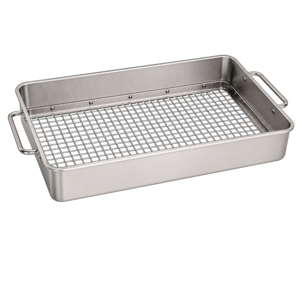 A stainless steel compost screener with a wire rack insert and side handles, shown on a plain white background.