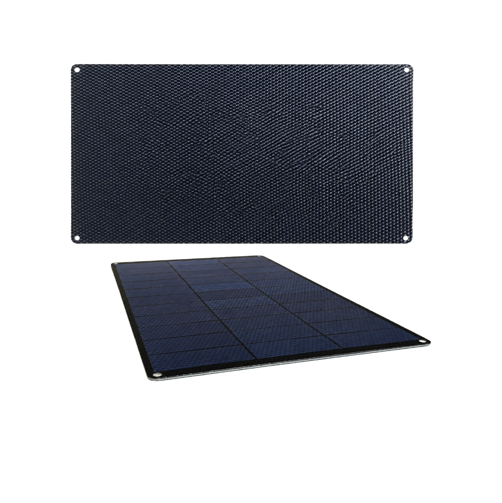 Two views of a rectangular solar panel on a plain white background: one showing the textured dark blue front and one showing the folded side with a black frame.