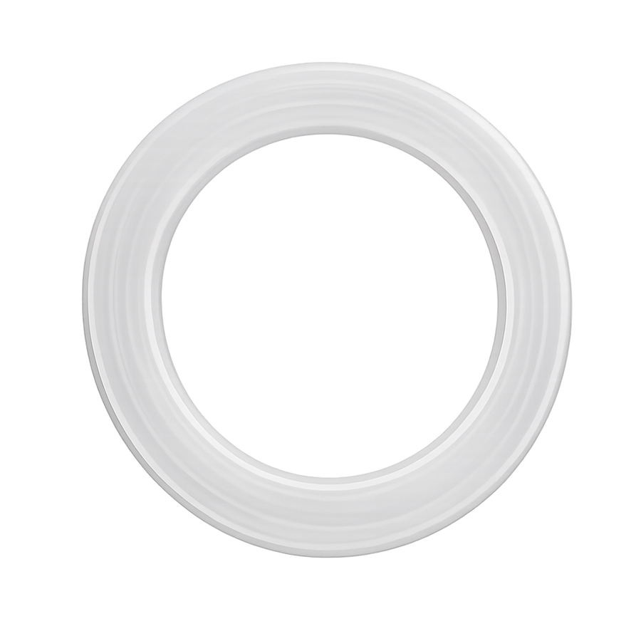 A white circular silicone sanitary gasket with a subtle textured, ribbed outer edge, centered on a solid white background.