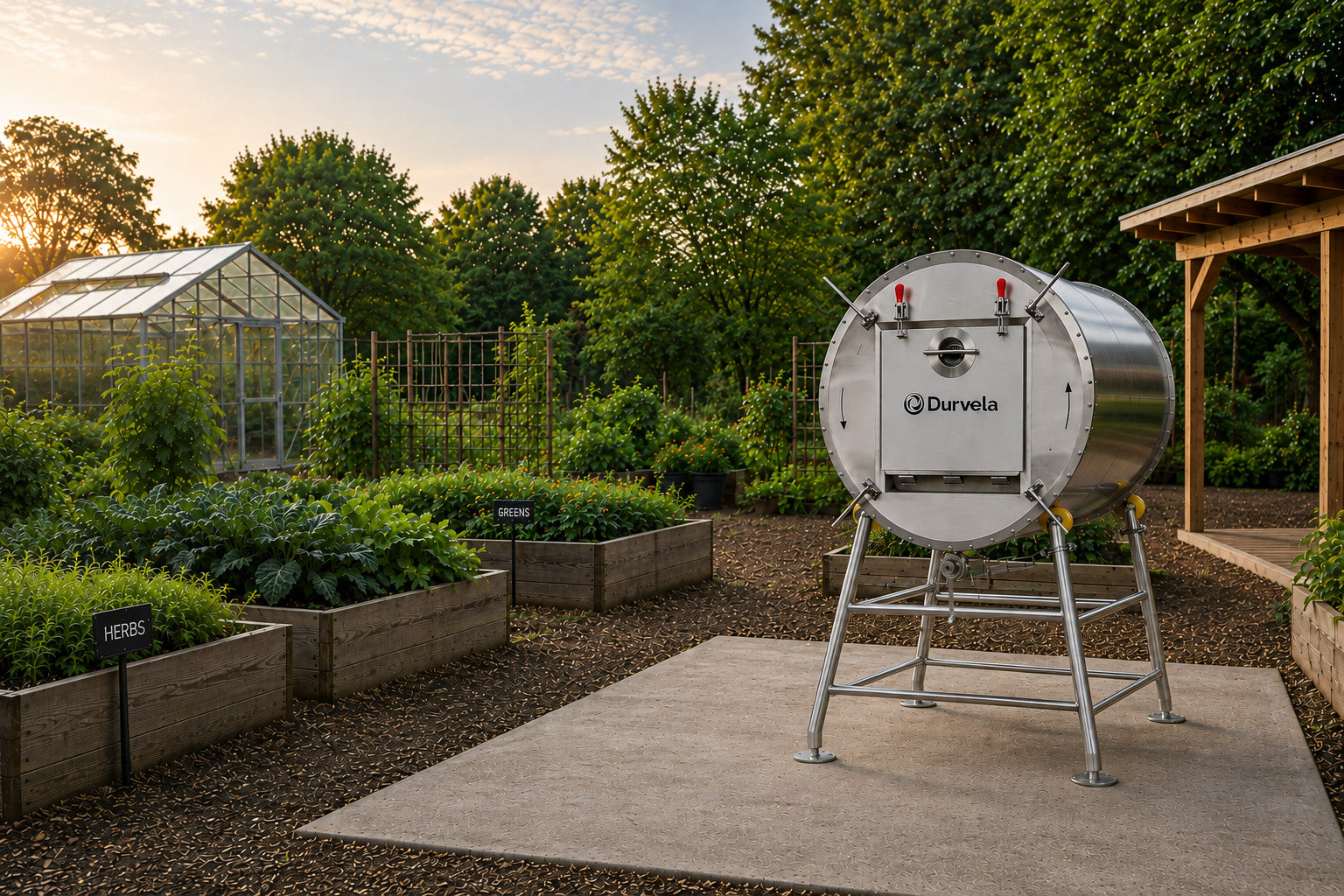 Durvela stainless steel compost tumbler in a garden setting