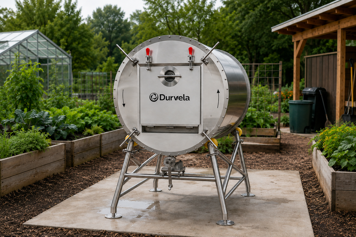Durvela stainless steel composter outdoors for rodent-proof composting