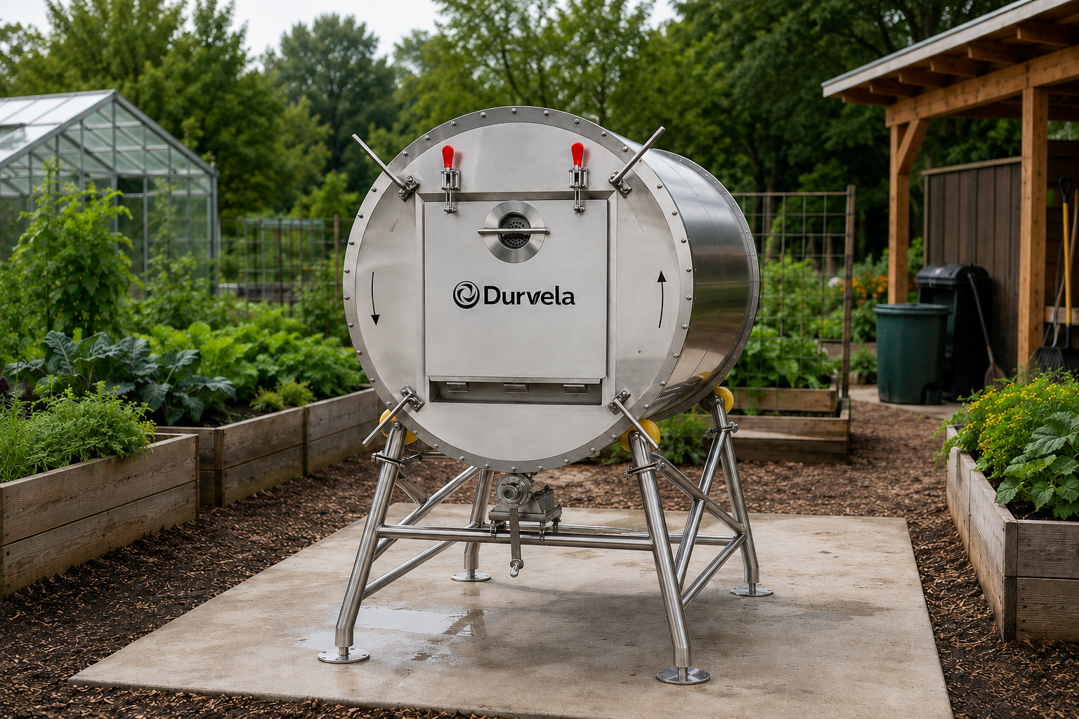 Durvela rotary composting system in a garden setting