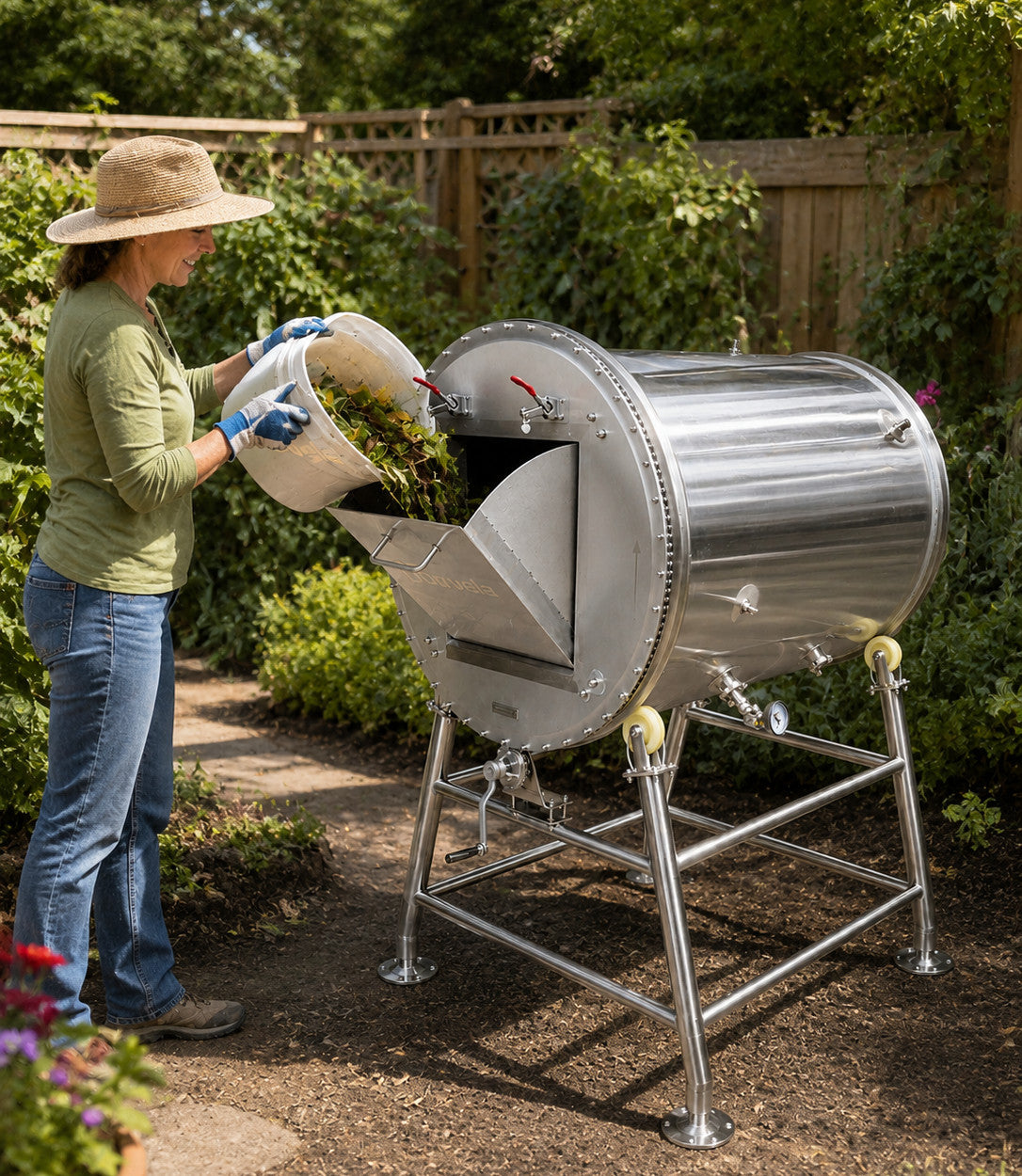 A woman in a garden wearing a straw hat and gloves pours green leaves into a large stainless steel leaf composting drum on a metal stand.