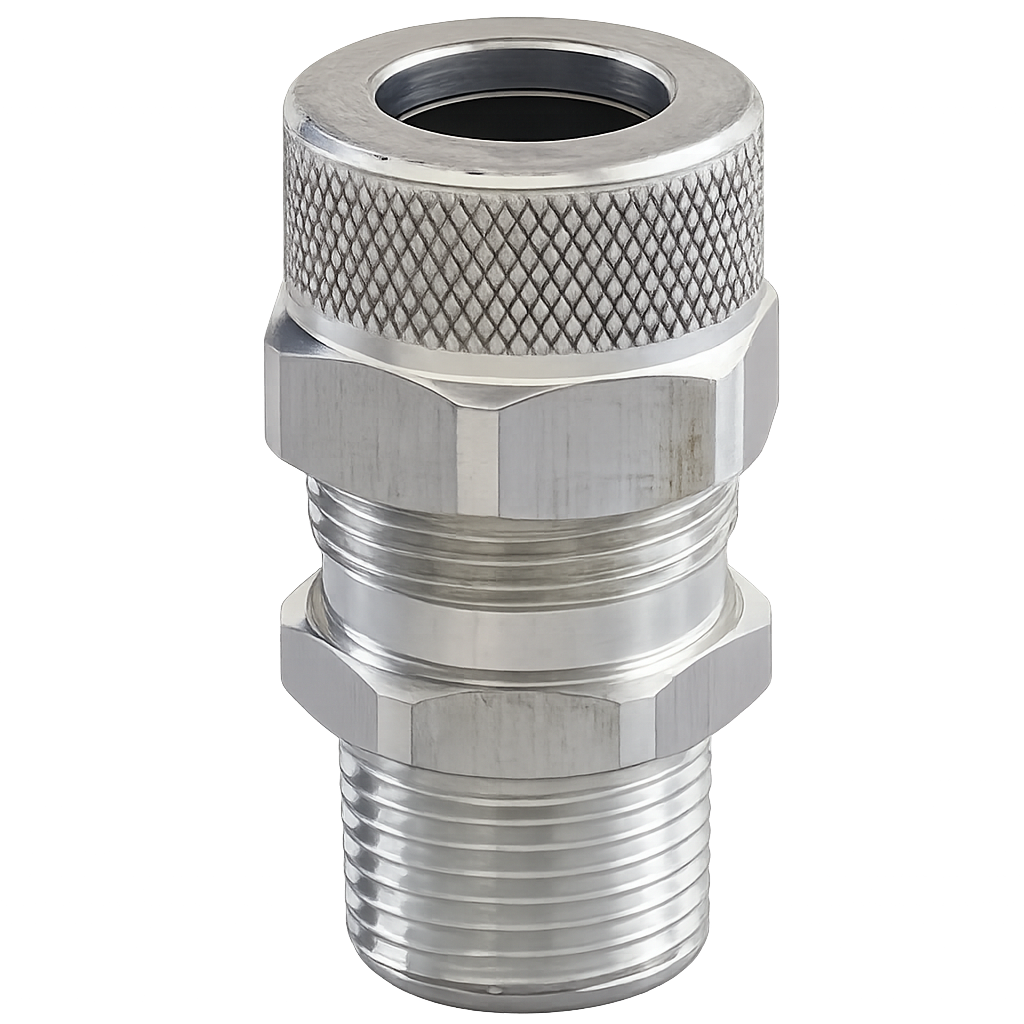 A stainless steel threaded connector with a knurled textured cap, isolated on a white background.
