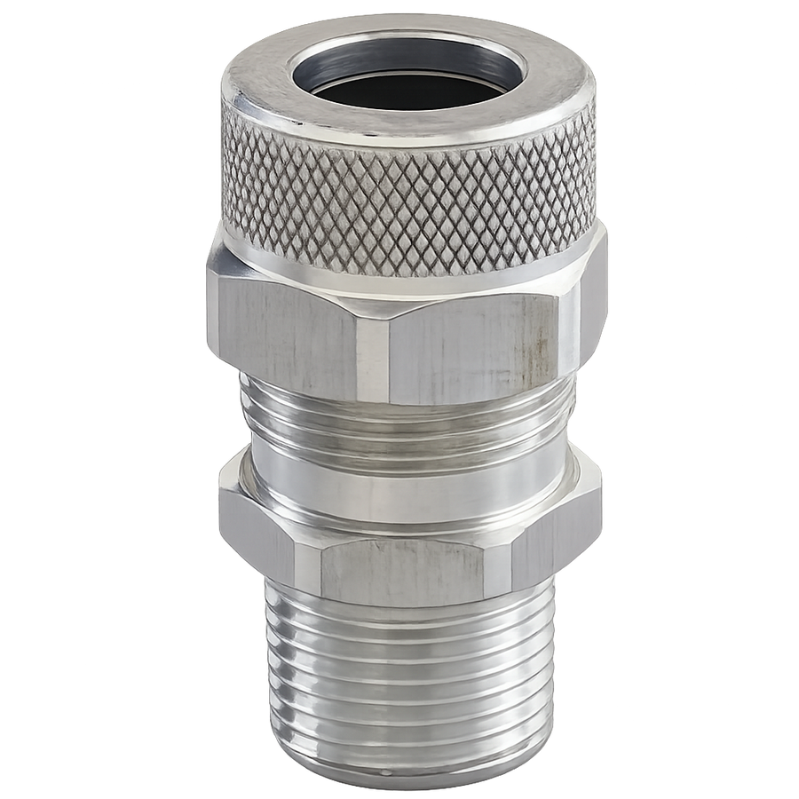 A stainless steel threaded connector with a knurled textured cap, isolated on a white background.