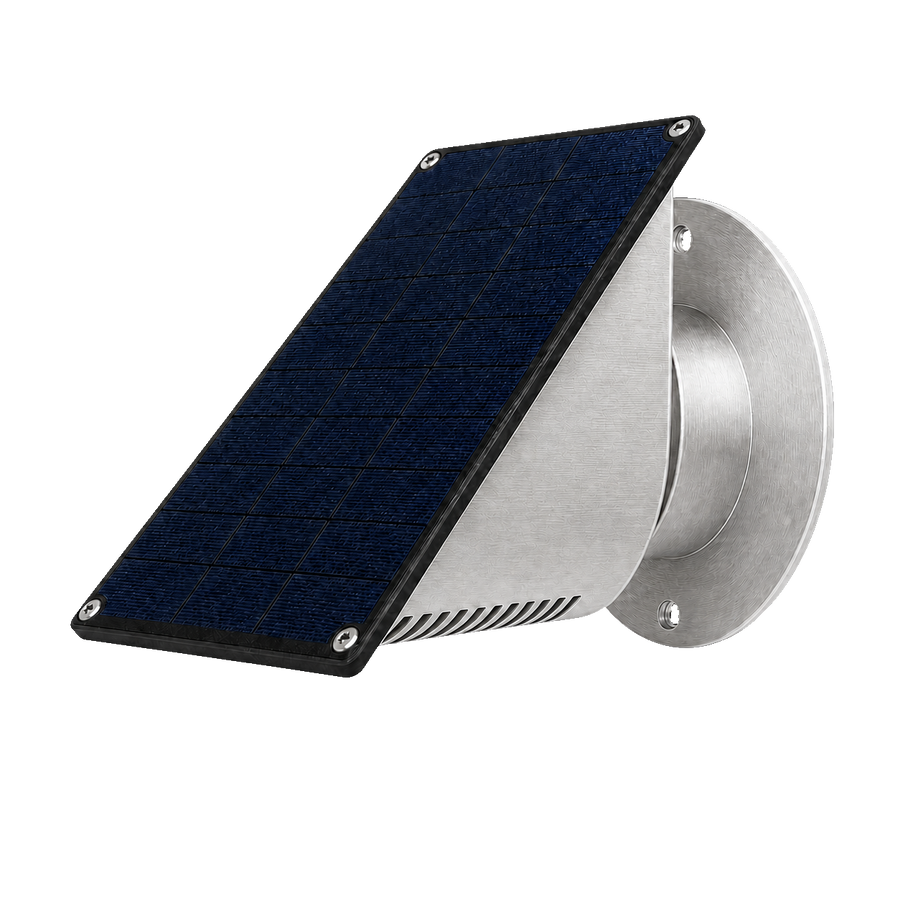 A solar-powered fan with a black circular mounting bracket and a dark blue solar panel, isolated on a white background.