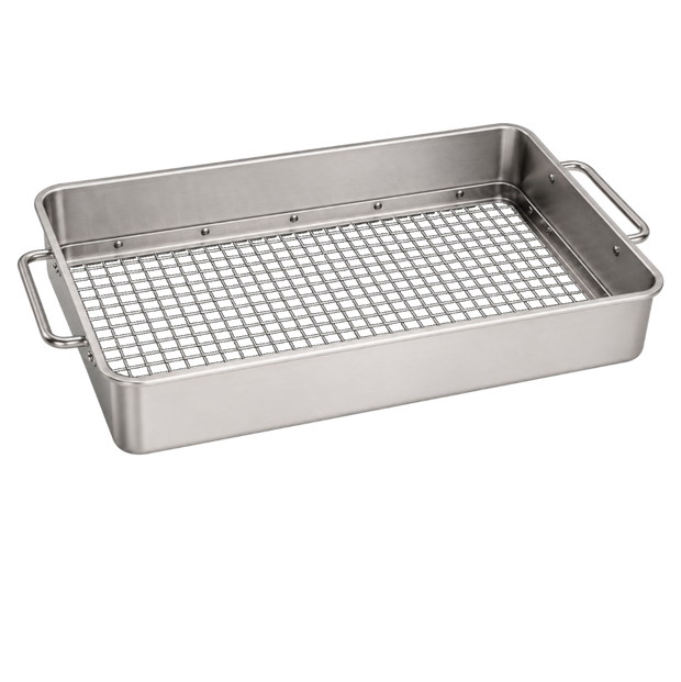 A stainless steel compost screener with a wire rack insert and side handles, shown on a plain white background.