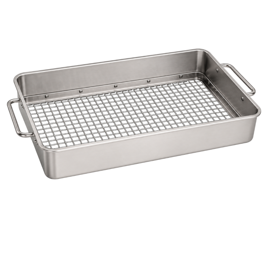A stainless steel compost screener with a wire rack insert and side handles, shown on a plain white background.