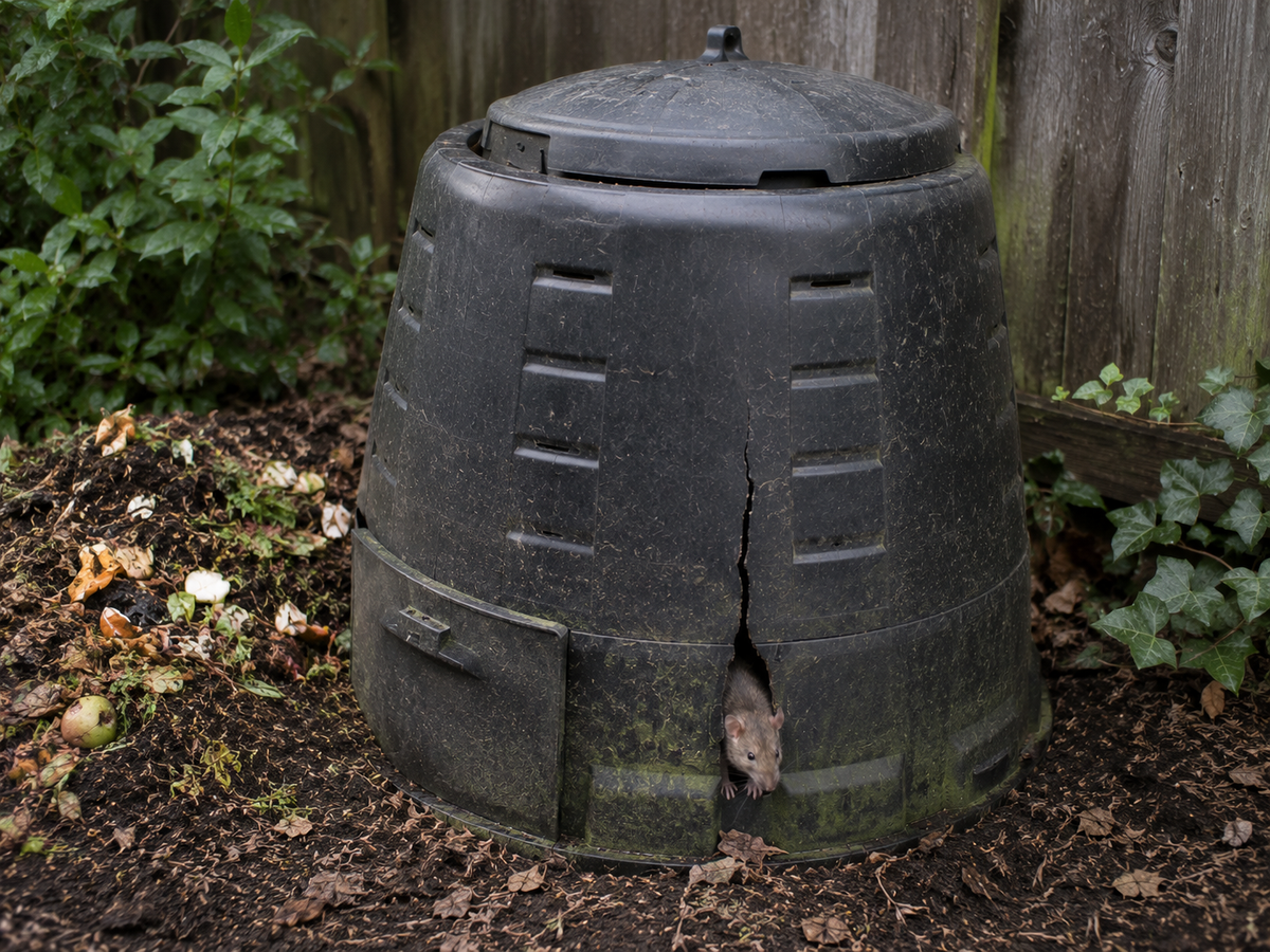 Open compost bin that may attract rodents when food scraps are exposed