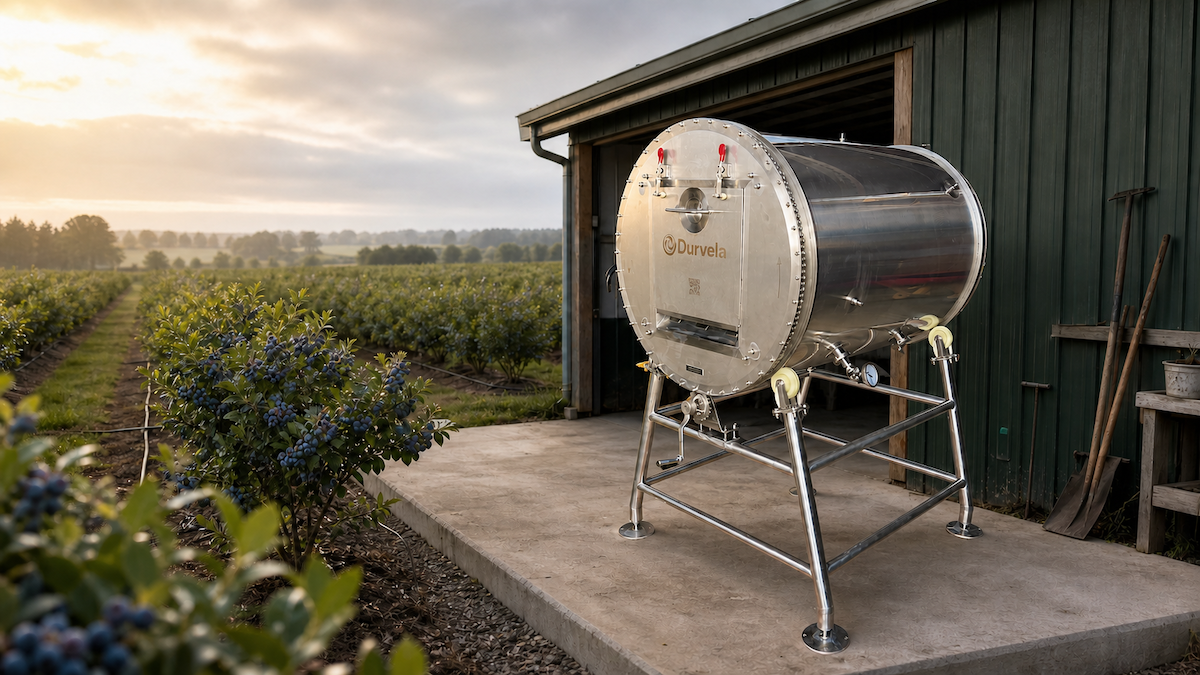 A large stainless steel barrel fermenter on a metal stand, positioned on a concrete pad outside a green barn next to a blueberry field at sunrise.