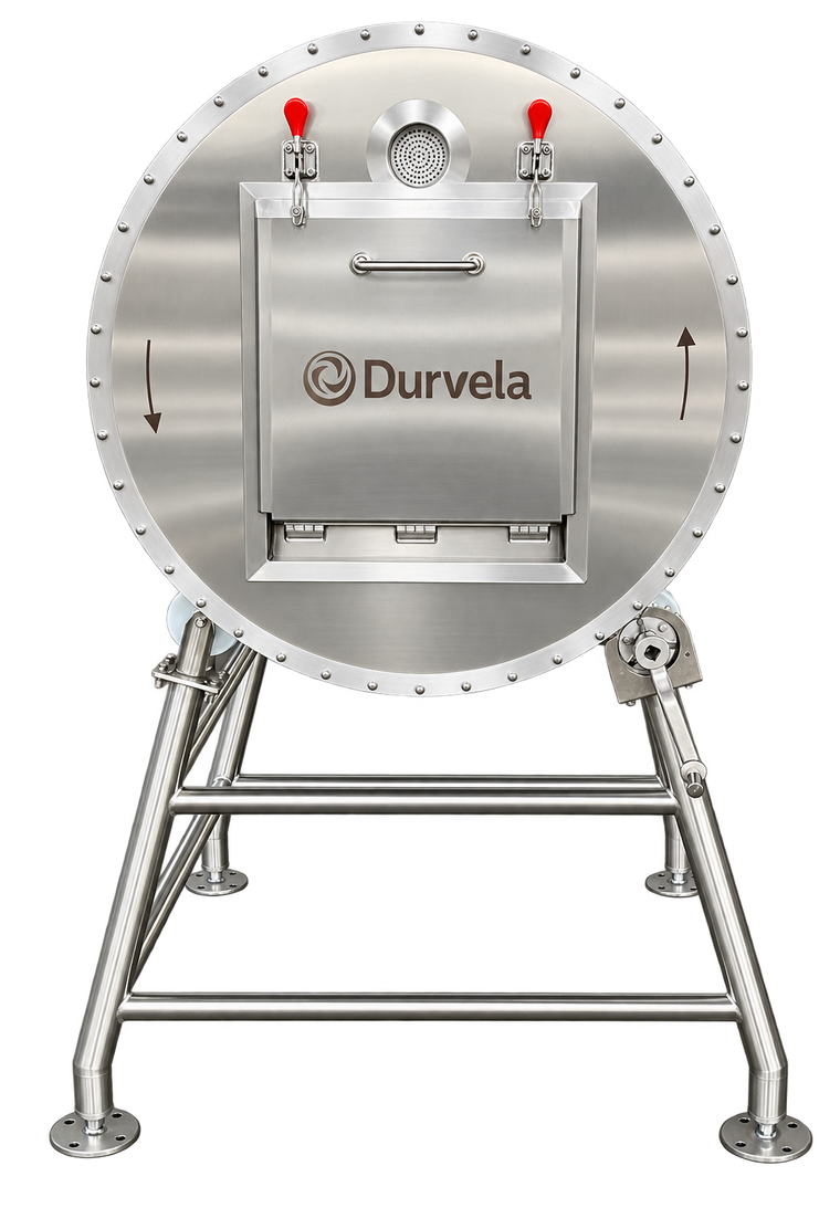 Loading-end view of the Durvela 300 stainless steel composter with the access door closed.