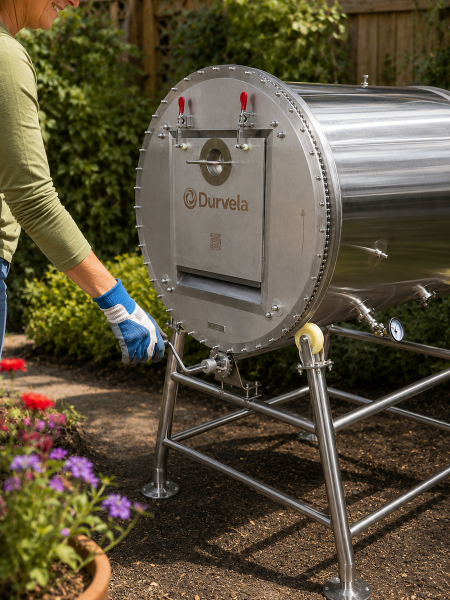 A stainless steel composter by Durvela on a metal stand, shown outdoors in a garden with a person's gloved hand adjusting a crank to rotate it.
