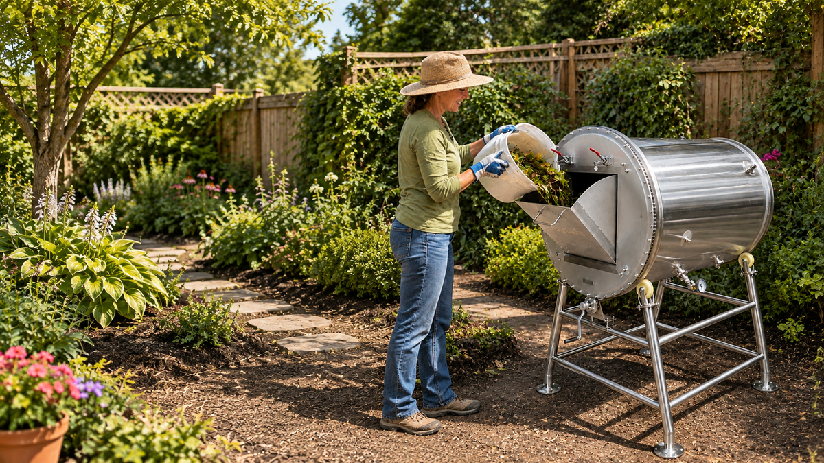 Homeowner loading garden waste into a Durvela stainless-steel rotary composter in a residential garden
