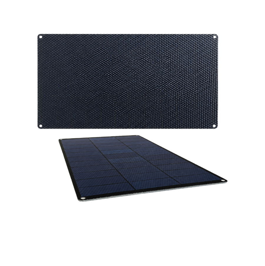 Two views of a rectangular solar panel on a plain white background: one showing the textured dark blue front and one showing the folded side with a black frame.