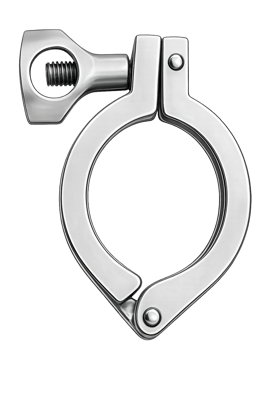 A polished stainless steel clamp with a wing nut and threaded screw adjustment, isolated on a white background.